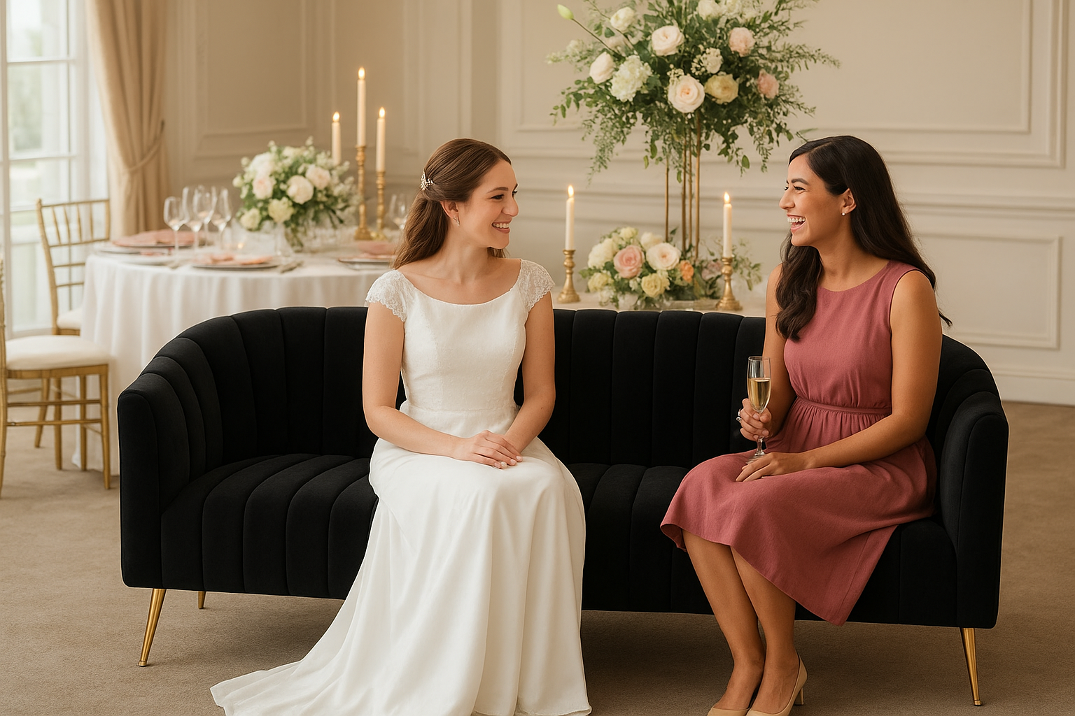 Luxury velvet sofa seating for weddings and events in London Ontario with elegant floral backdrop