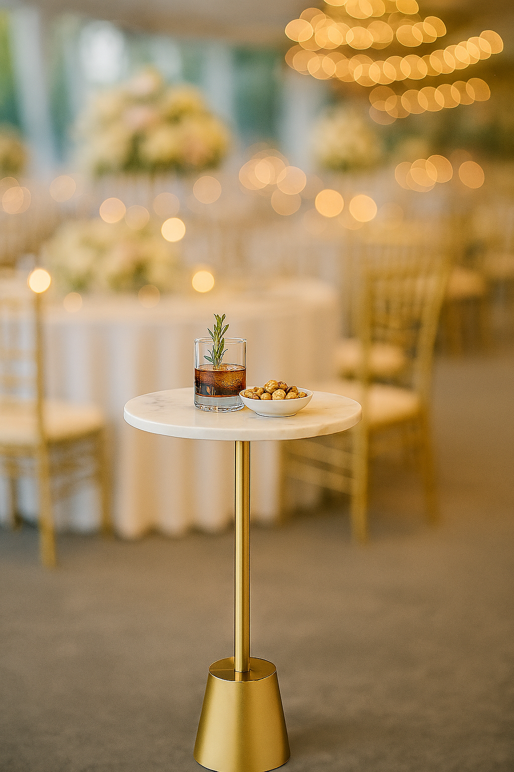 Genuine marble pedestal end table with gold base for luxury event rentals in London and South Western Ontario