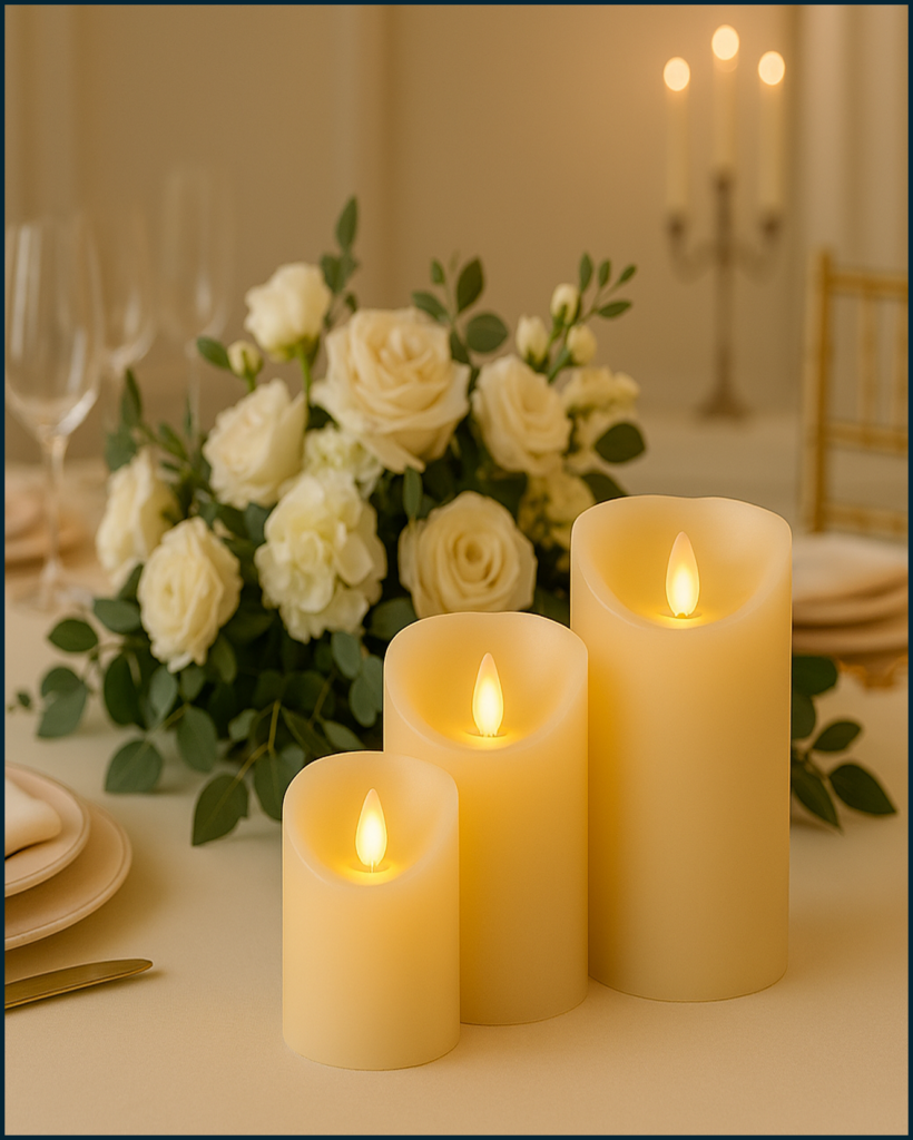 Set of three flameless LED candles glowing warmly on a wooden table, perfect for wedding and event décor.