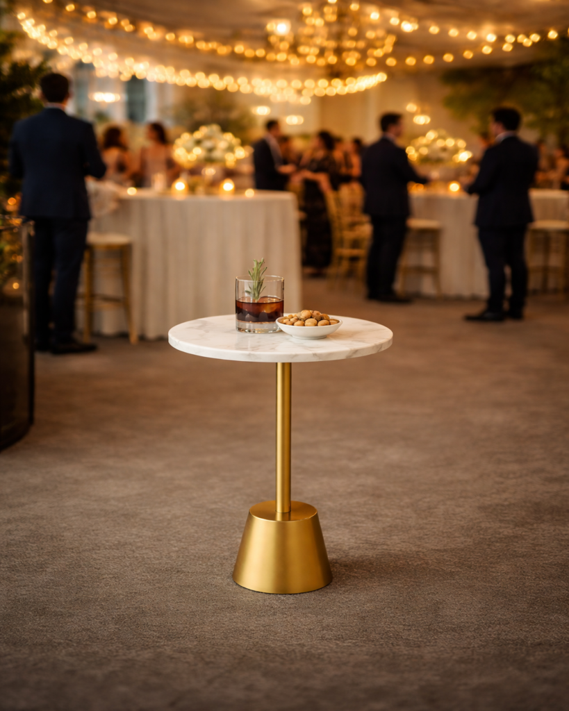 Genuine marble pedestal end table with gold base for luxury event rentals in London Ontario